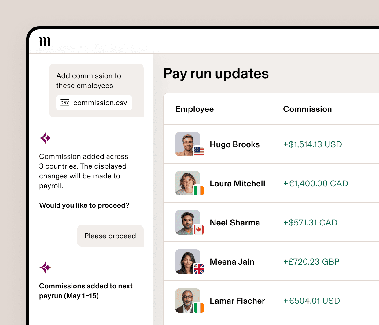 Payrun updates dashboard showing employee commission amounts in USD, CAD, and GBP currencies added via CSV upload.