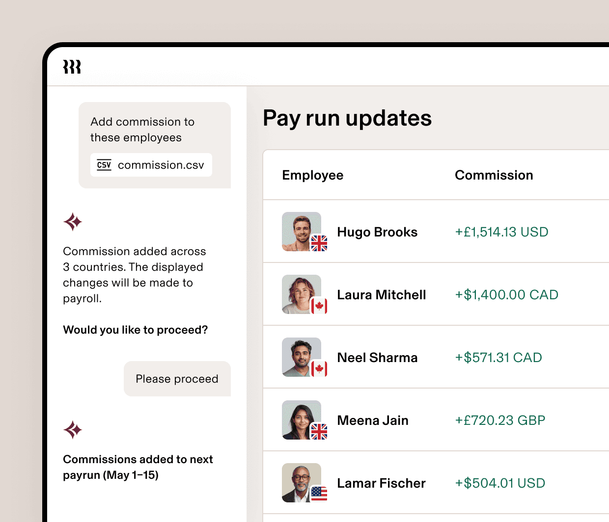Payrun updates dashboard showing employee commission amounts in USD, CAD, and GBP currencies added via CSV upload.