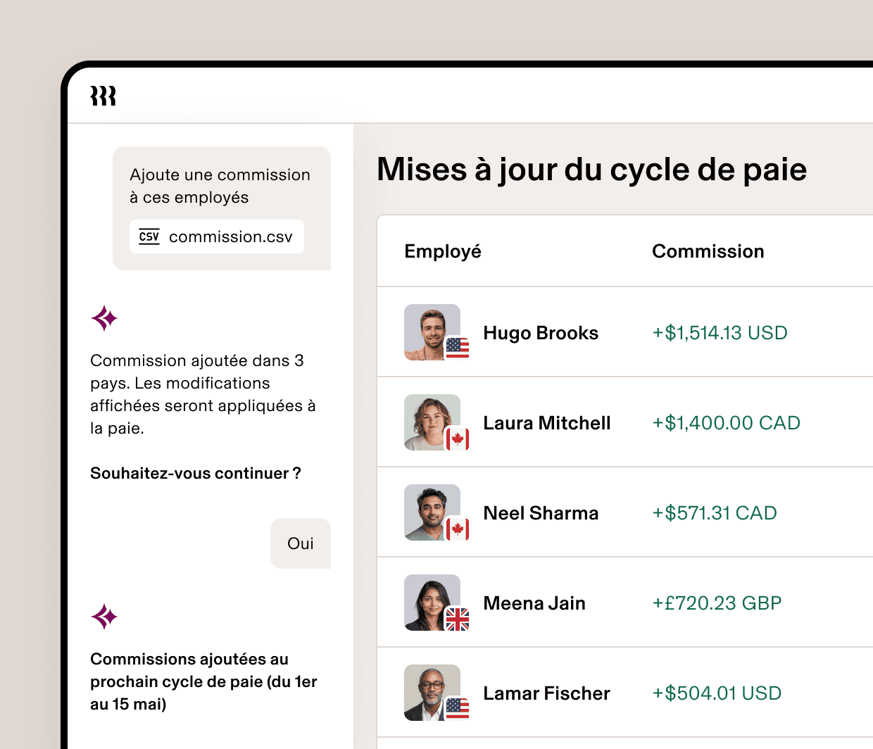 Payrun updates dashboard showing employee commission amounts in USD, CAD, and GBP currencies added via CSV upload.