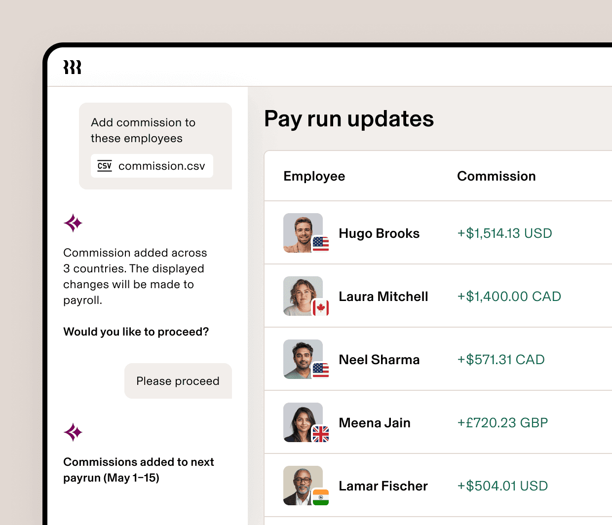 Payrun updates dashboard showing employee commission amounts in USD, CAD, and GBP currencies added via CSV upload.