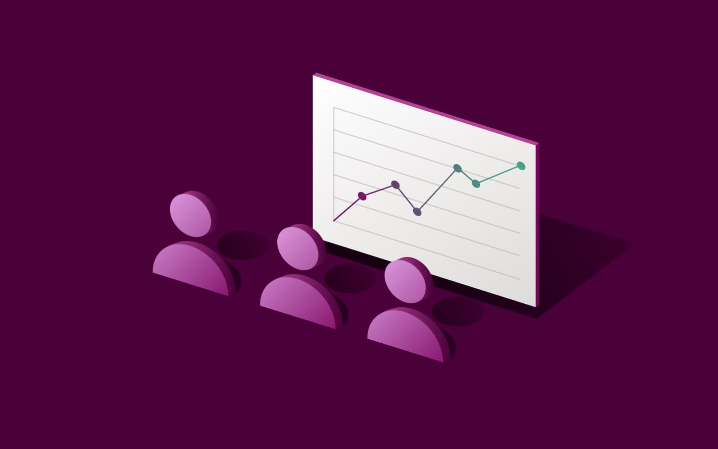 An illustration on a dark purple background featuring three stylized, orange human figures standing in front of a presentation screen. The screen displays a line graph with data points connected by lines, showing an upward trend. The figures and screen cast soft shadows, creating a subtle three-dimensional effect.