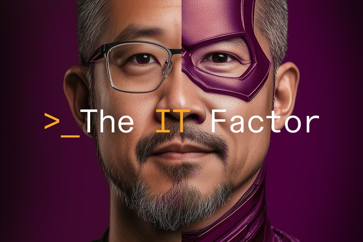 Portrait of a man's face who is split down the middle between two personas: IT tech pro, and superhero.