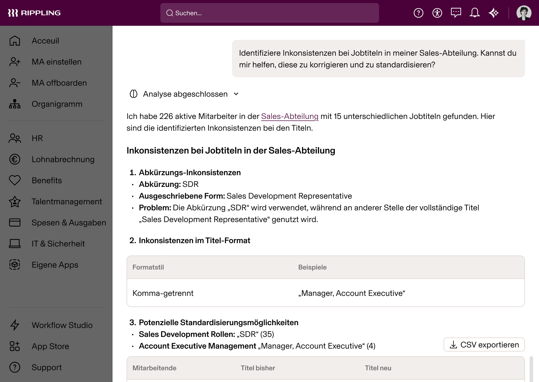 Rippling AI mit einer Analyse uneinheitlicher Jobtitel in der Vertriebsabteilung mit Empfehlungen zur Vereinheitlichung