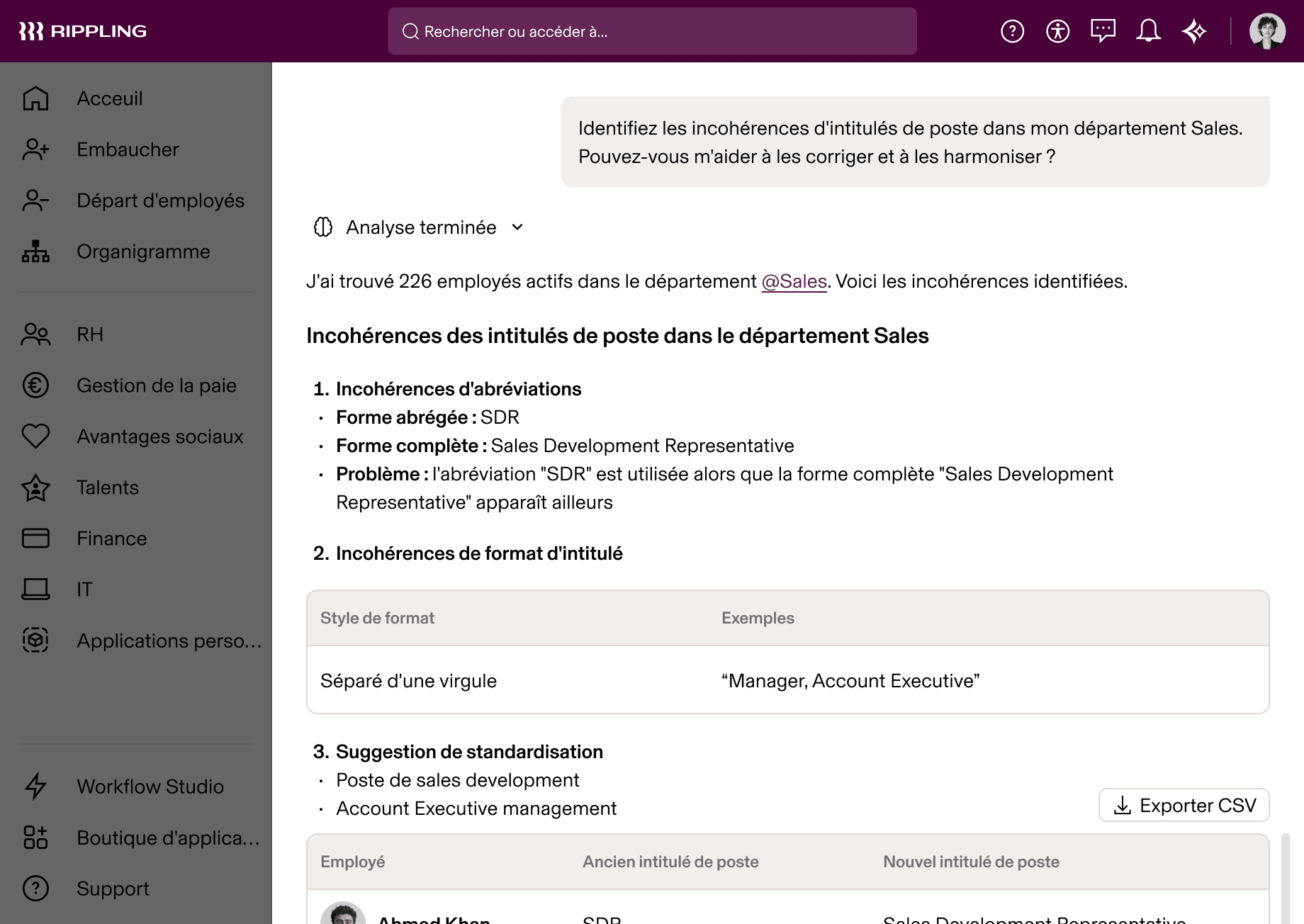 Rippling AI présentant une analyse des incohérences des intitulés de postes dans le service Ventes, ainsi que des recommandations de normalisation