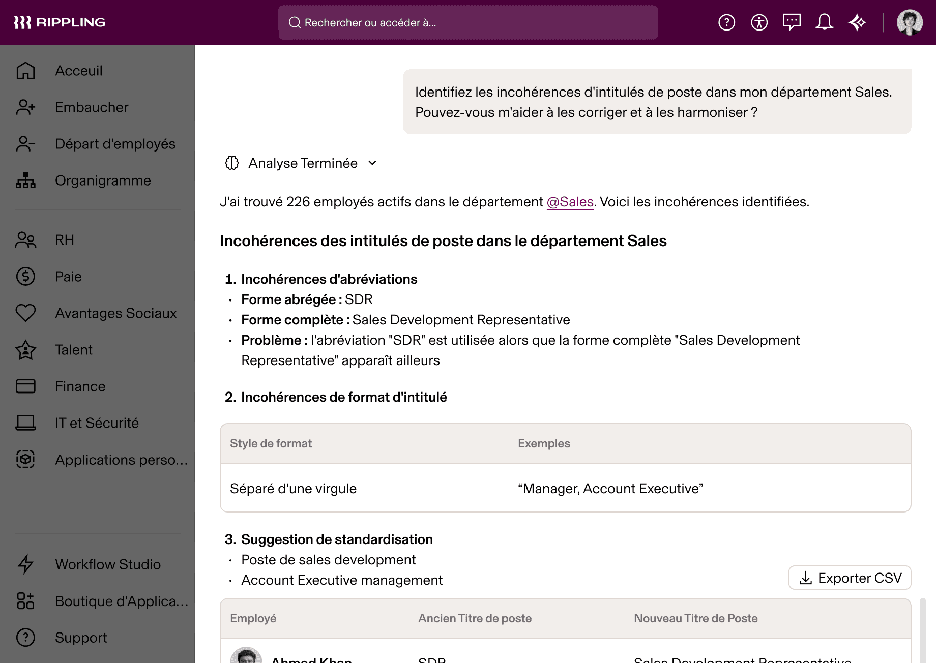 IA de Rippling présentant une analyse des incohérences de titres de poste dans le service des ventes avec des recommandations normalisées