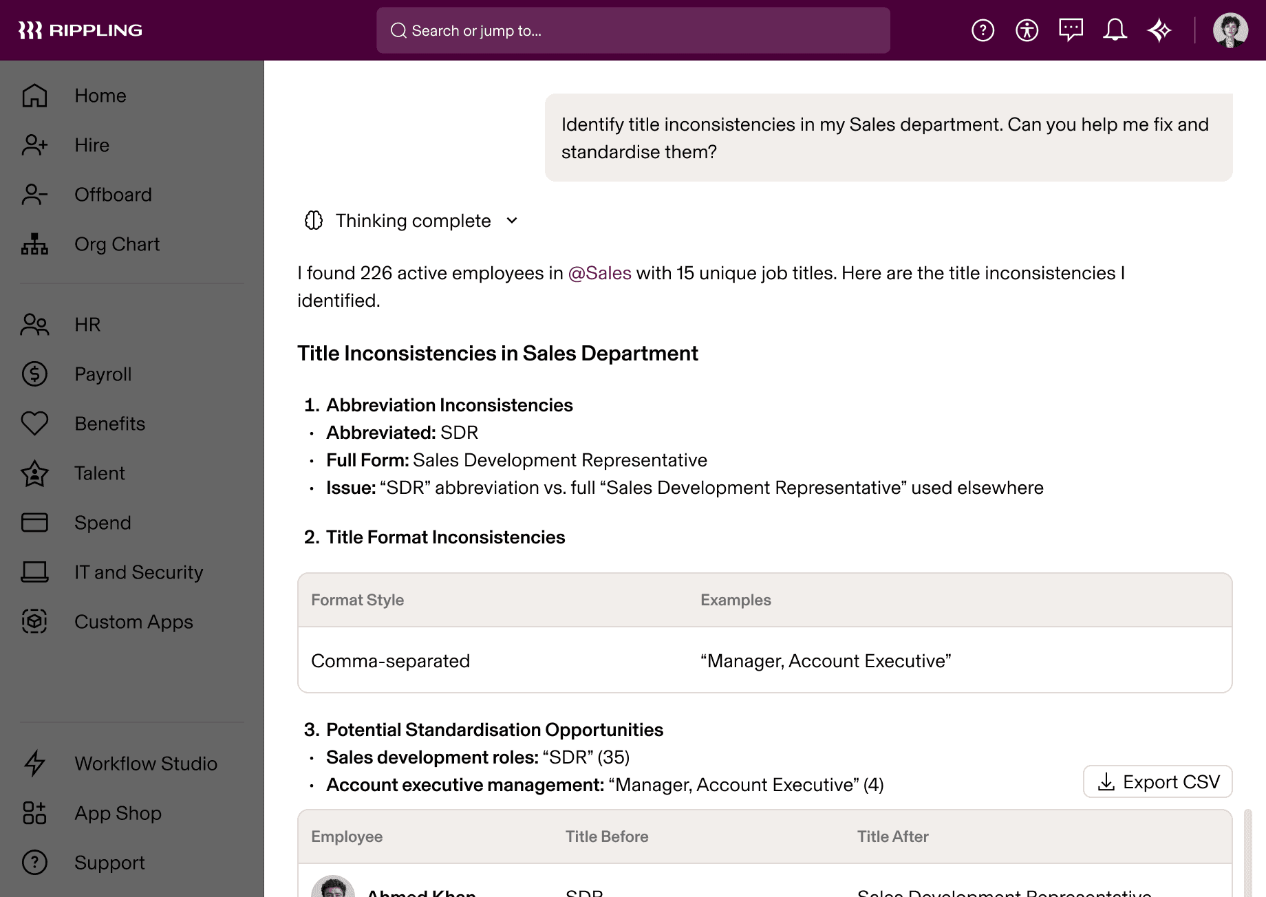 Rippling AI showing analysis of job title inconsistencies in Sales department with standardisation recommendations