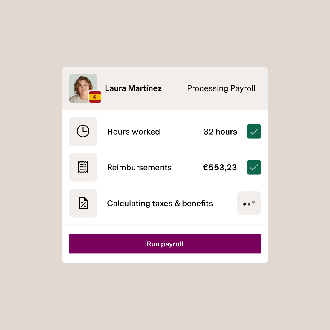 Benutzeroberfläche für Payroll-Verarbeitung mit Mitarbeiterdetails, 32 geleisteten Arbeitsstunden, 553,23 € an Erstattungen und laufender Steuerberechnung.