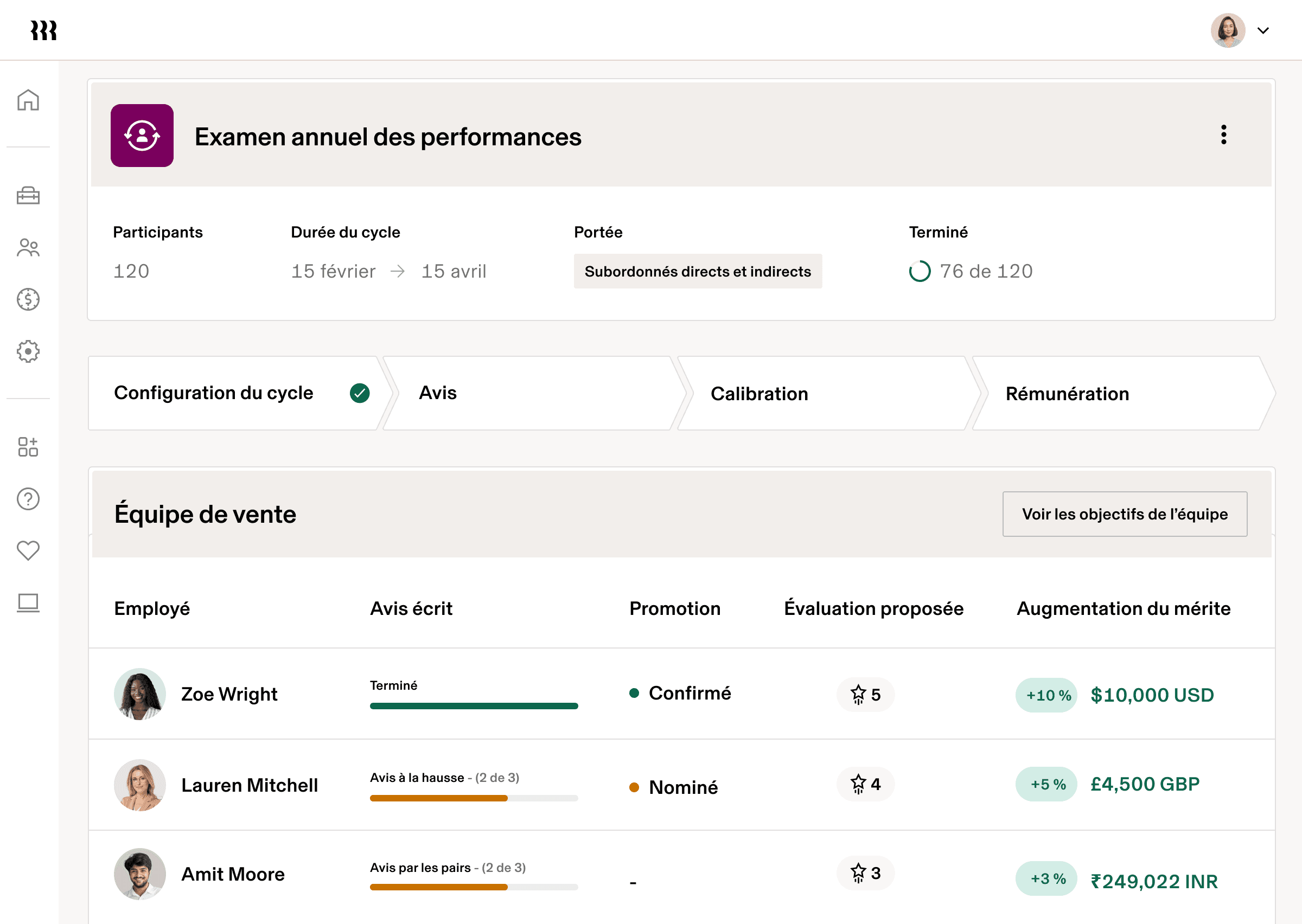 Capture d’écran de la section Évaluation annuelle des performances dans Rippling