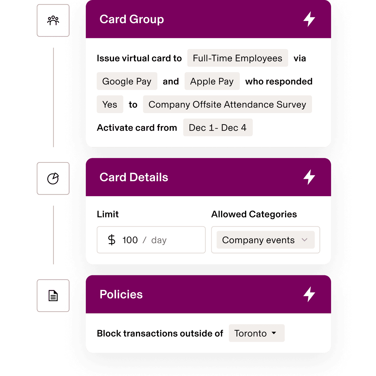 Virtual card management interface showing settings for full-time employees with $100/day limit for company events in Atlanta.