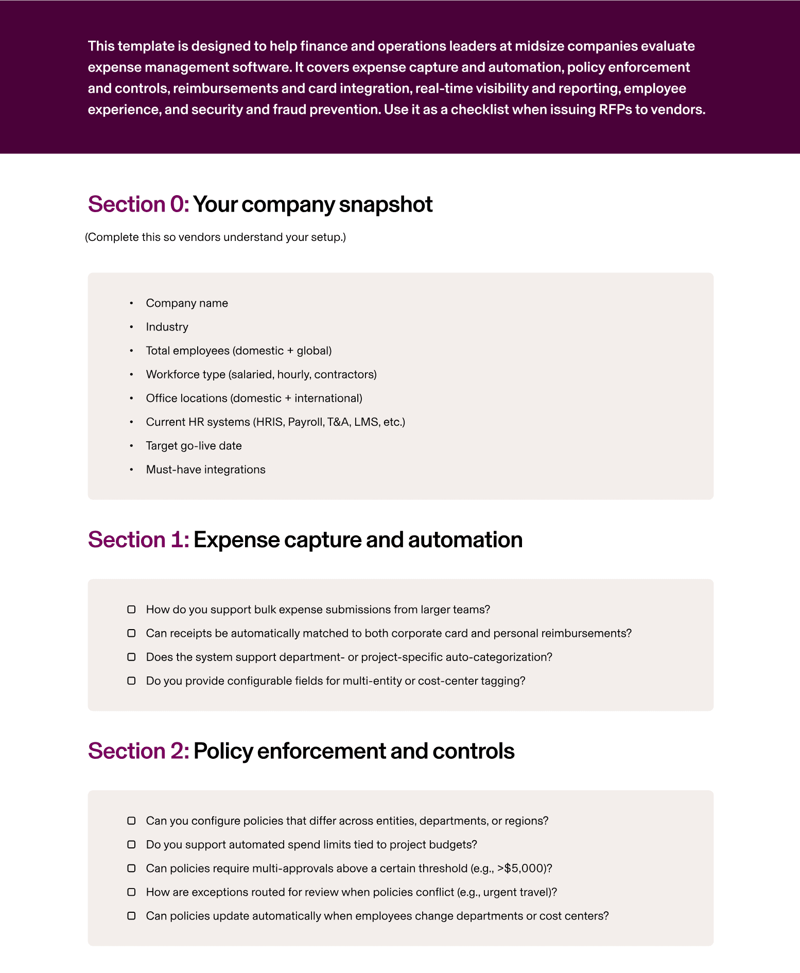Preview of the Expense Management Software RFP Template for Midsize Businesses by Rippling.