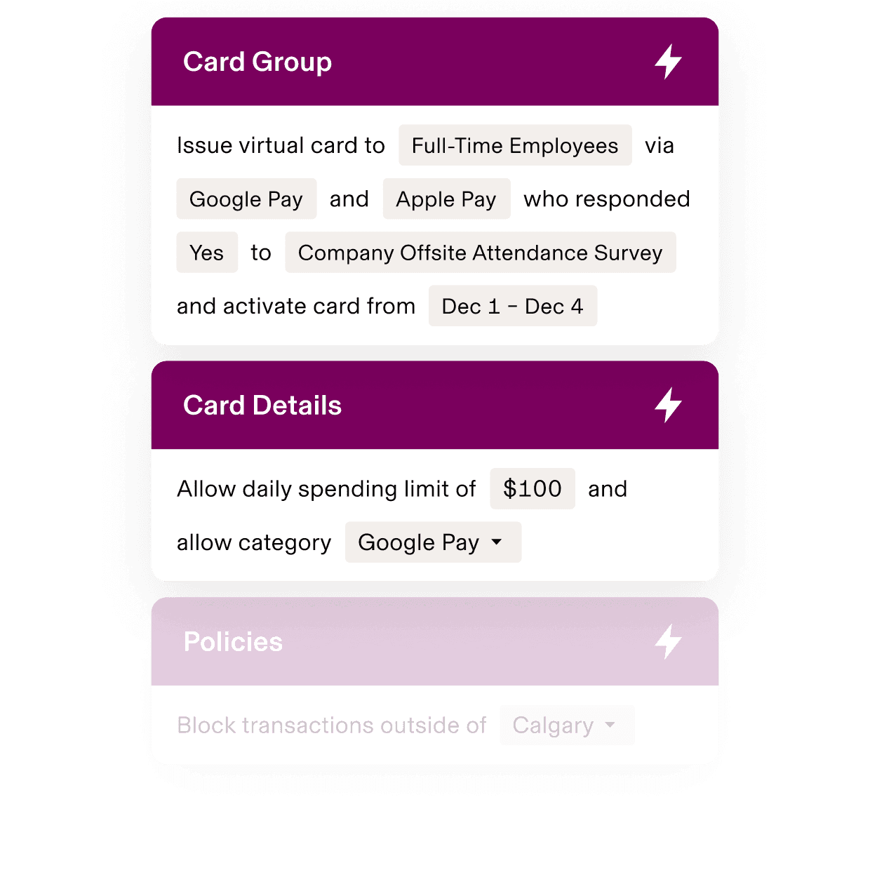 Mobile interface showing virtual card setup with $100 daily limit for employees who responded to company survey, valid Dec 1-4.