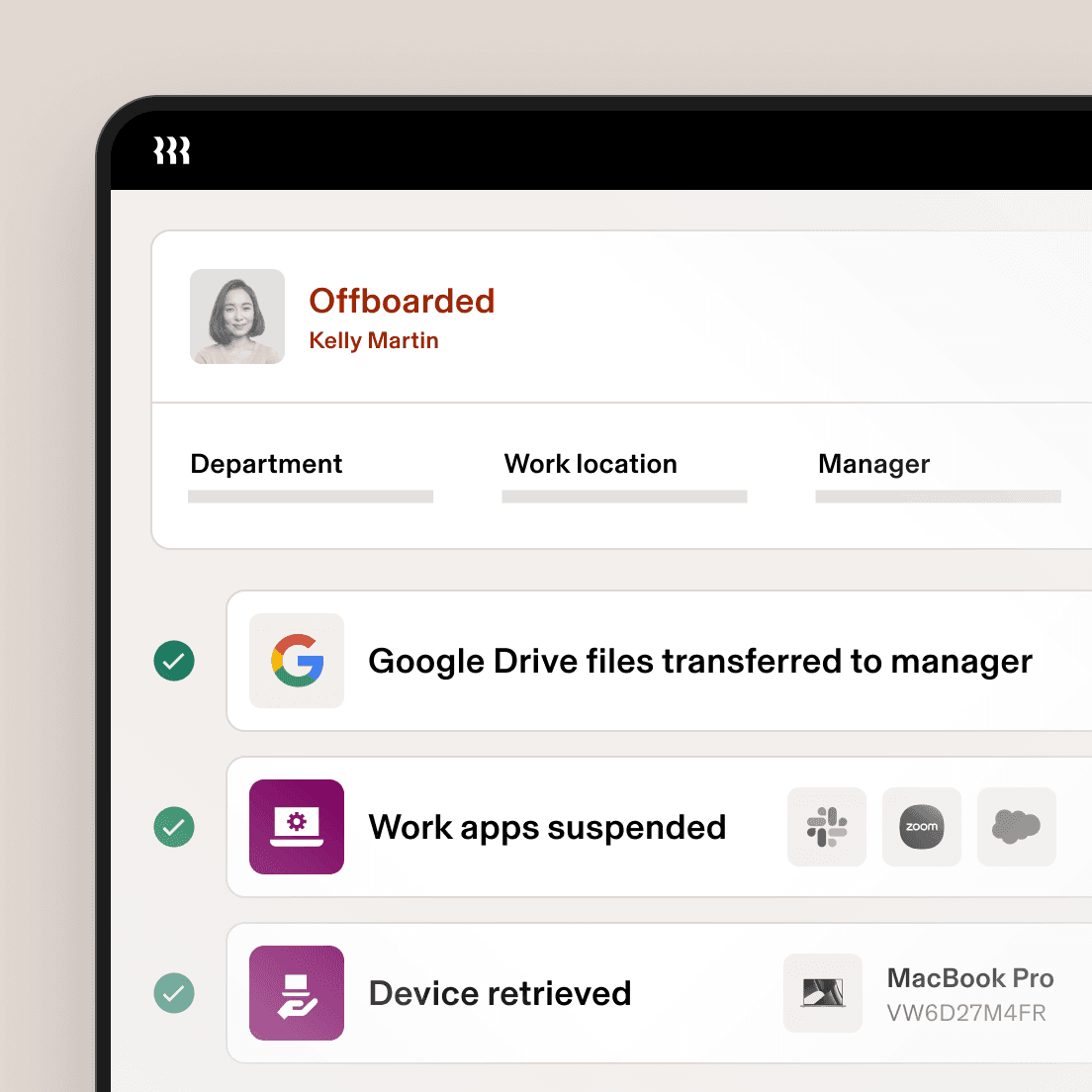Écran d’offboarding des collaborateurs montrant des tâches terminées : fichiers Google Drive transférés, applications professionnelles suspendues et MacBook récupéré.