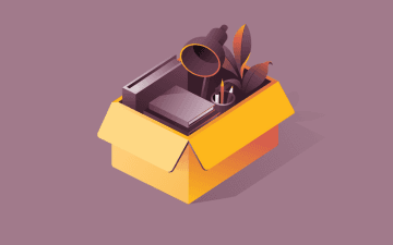 A graphic illustration of a cardboard box with a lamp, plant, books and stationery inside