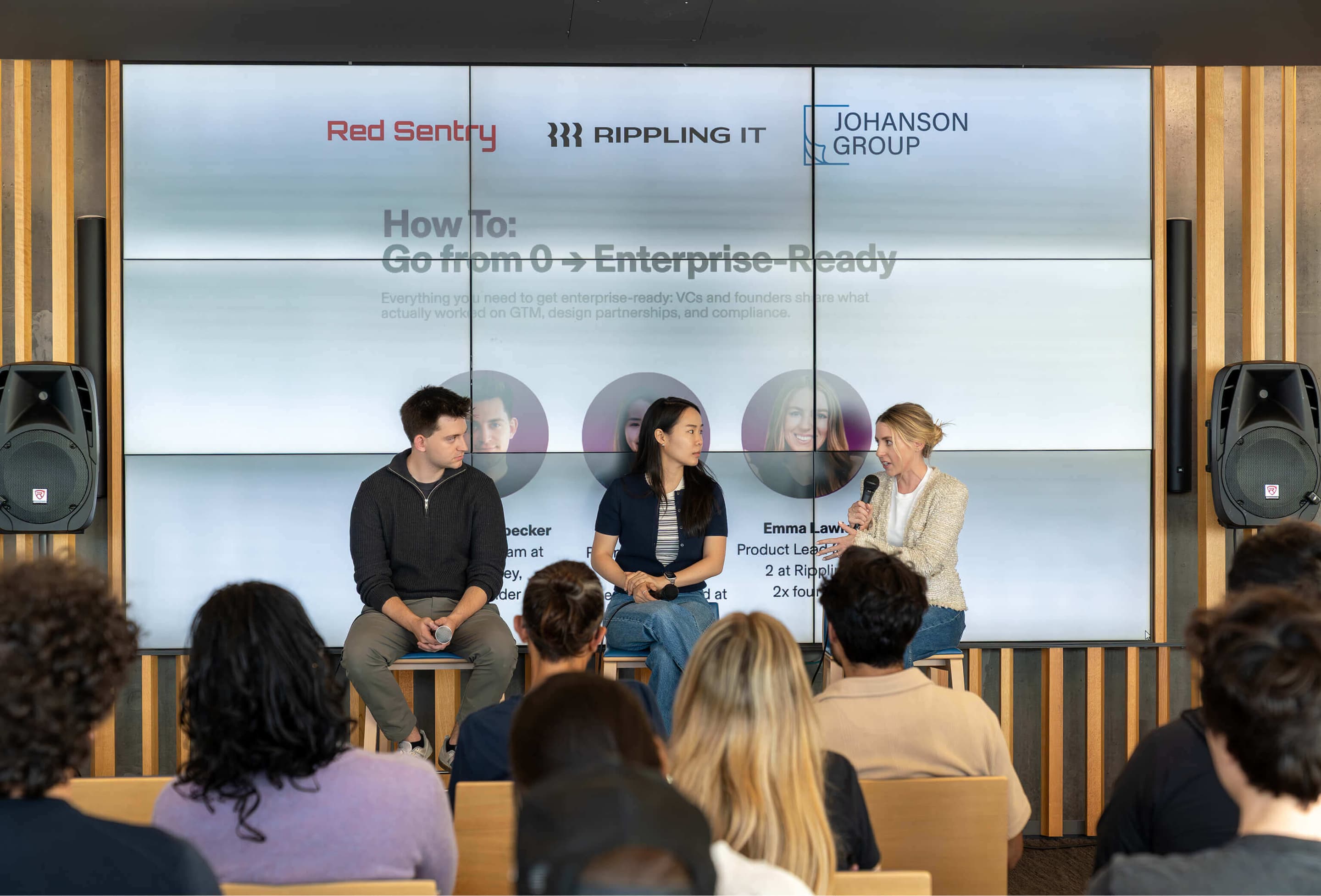 An image of three speakers at a First Principles panel event