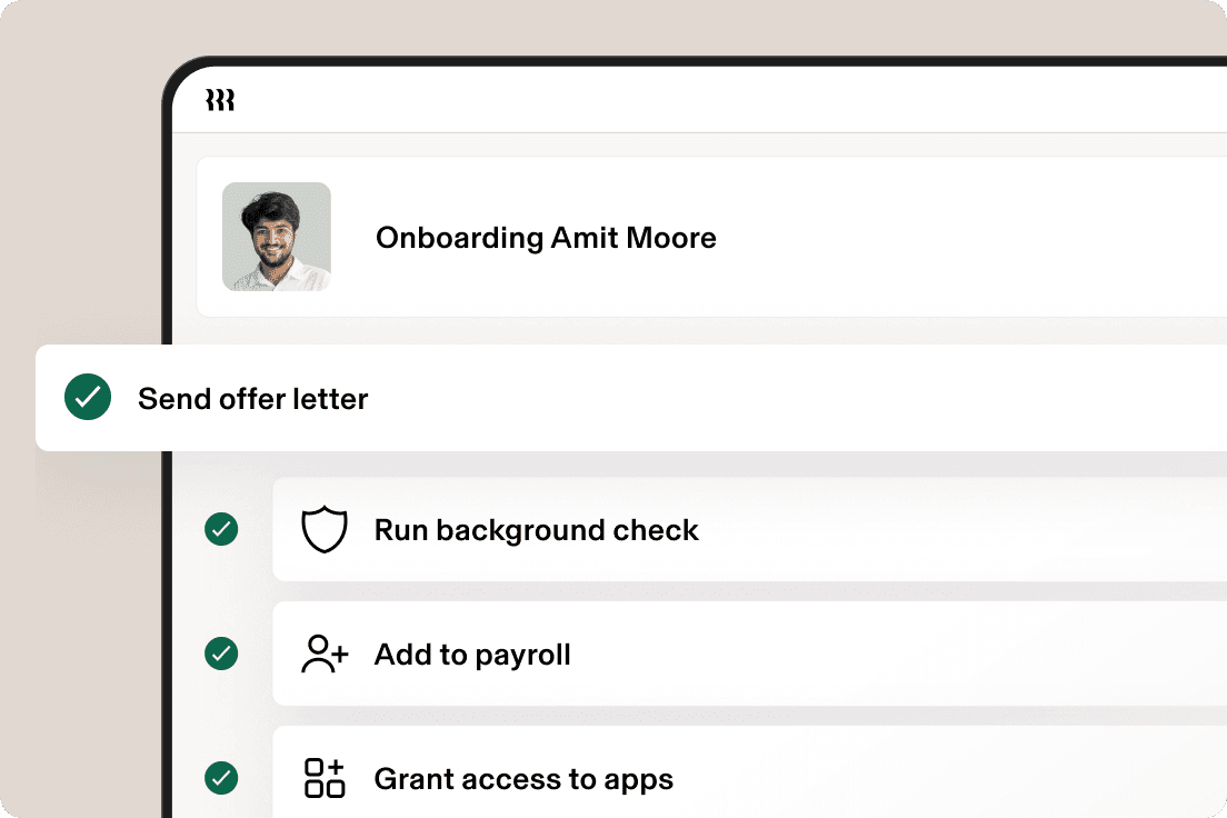 Tablet showing a screen in Rippling titled Onboarding Amit Moore with steps including send offer letter, run background check, add to payroll, and grant access to apps