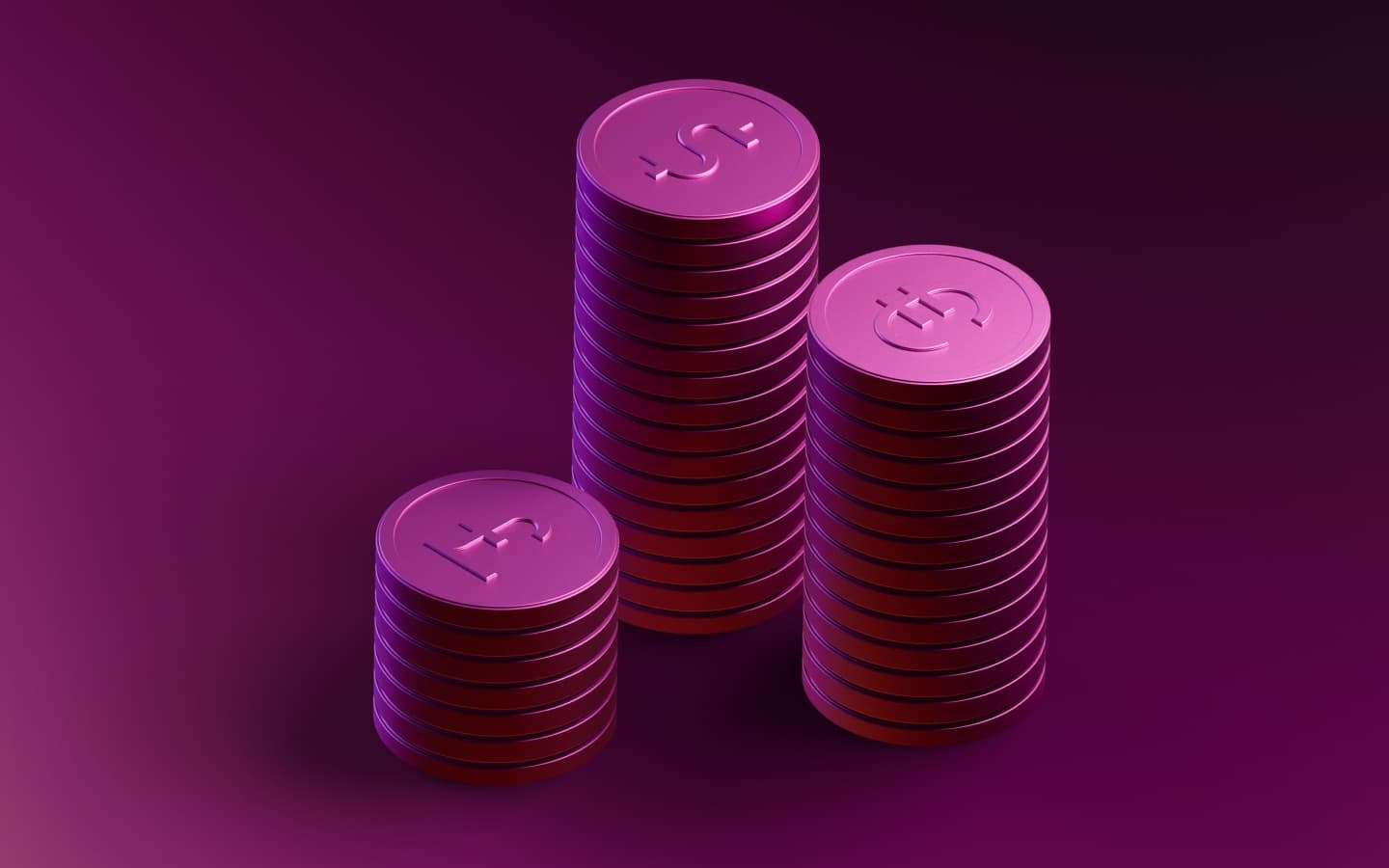 Three stacks of pink and purple coins with dollar, euro, and pound currency symbols against a purple background.