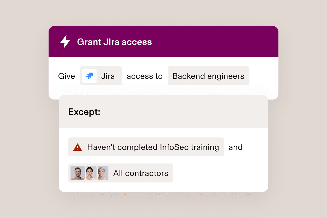 Interface montrant une boîte de dialogue indiquant « Accorder l’accès à Jira » pour les ingénieurs back-end, à l’exclusion de ceux sans formation InfoSec et des prestataires.