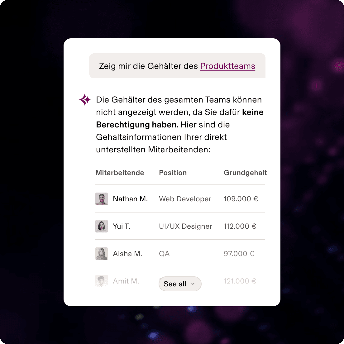 Ansicht mit eingeschränktem Zugriff auf Gehälter des Produktteams – zeigt nur direkte Mitarbeitende mit Rolle und Grundgehalt
