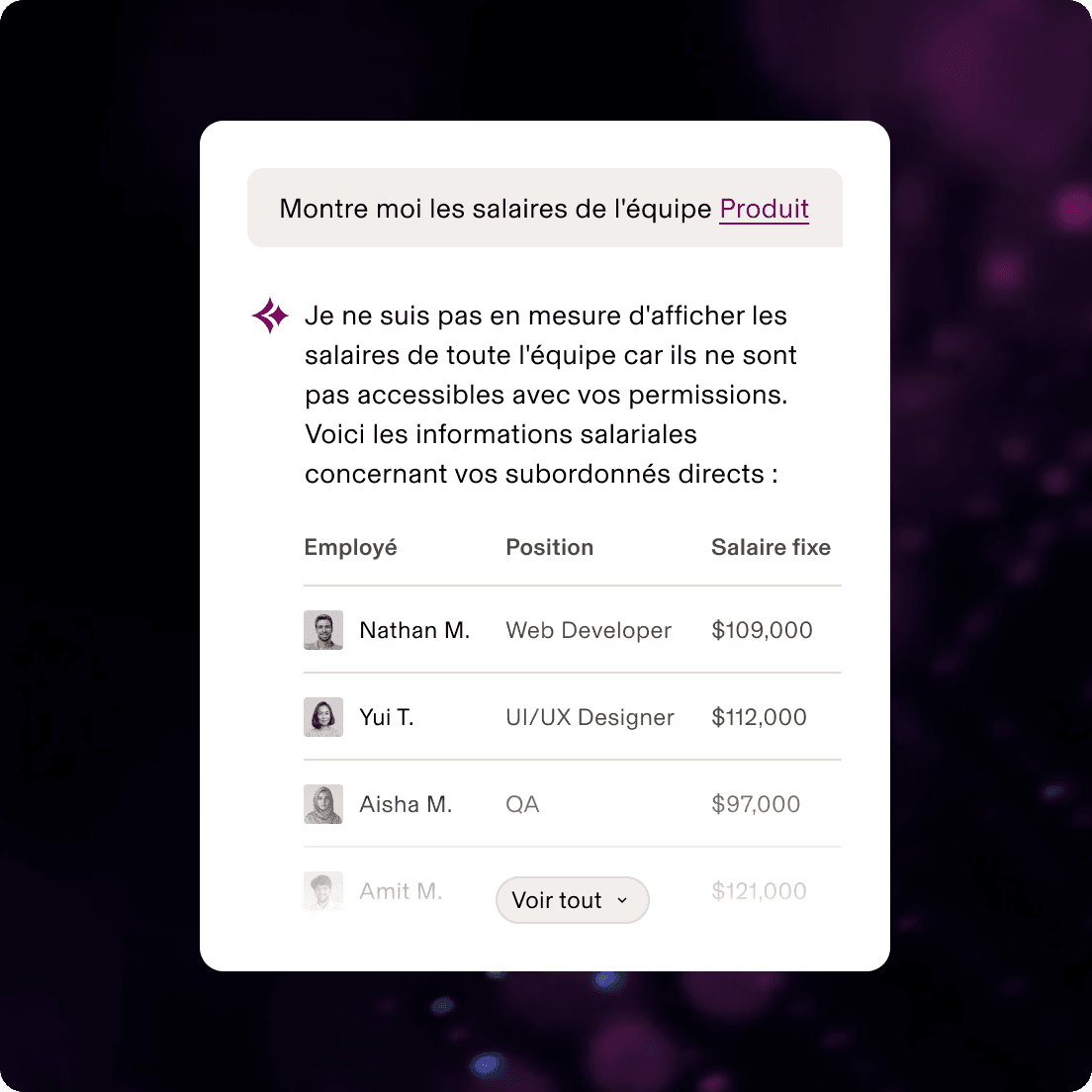 Interface affichant un accès limité aux salaires de l'équipe Produit, en ne montrant que les collaborateurs en direct avec leur poste et leur salaire de base
