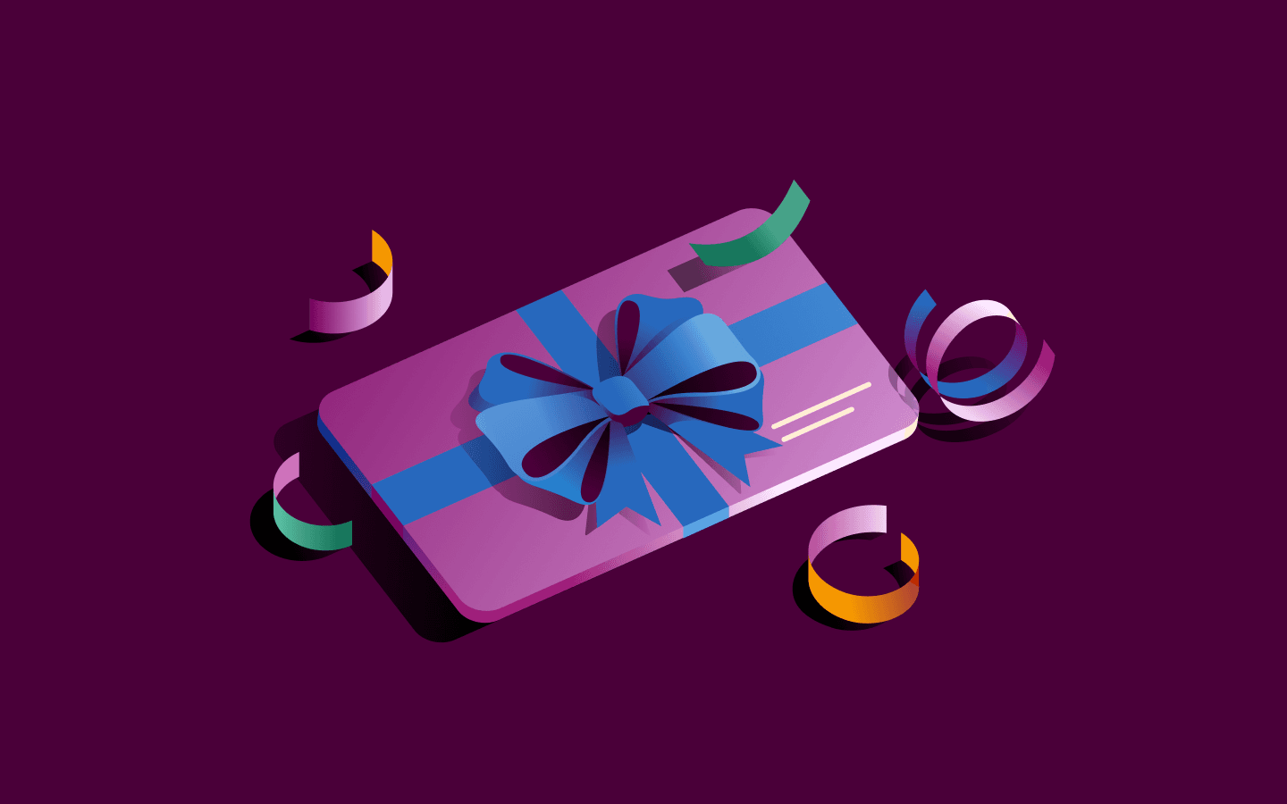 Purple gift card with blue ribbon and bow surrounded by colorful paper ribbons on a deep purple background.