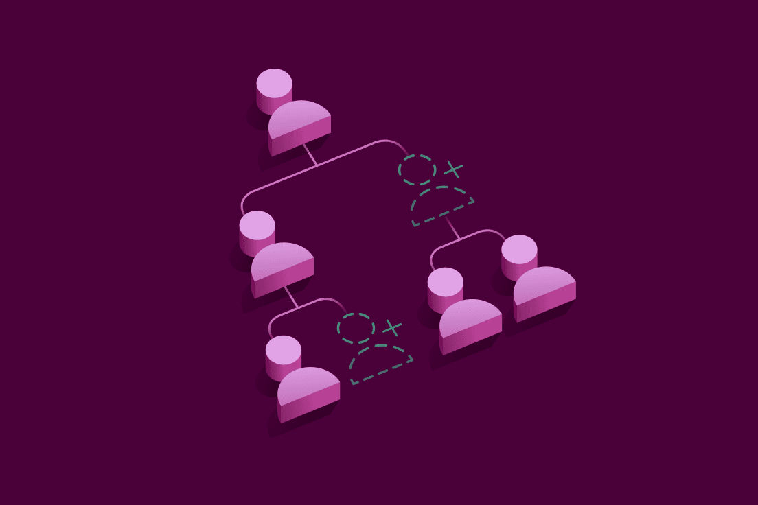 Isometric illustration of a pink organizational hierarchy with connected user icons and teal dashed add-user symbols on a purple background.
