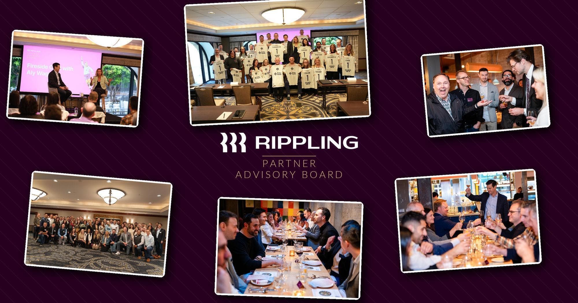 Rippling Partner Advisory Board event collage showing group photos, a fireside chat, team jerseys, and networking dinners.