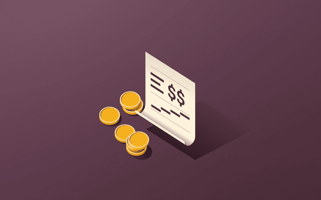 Graphic illustration of an expense report with dollar signs and gold coins