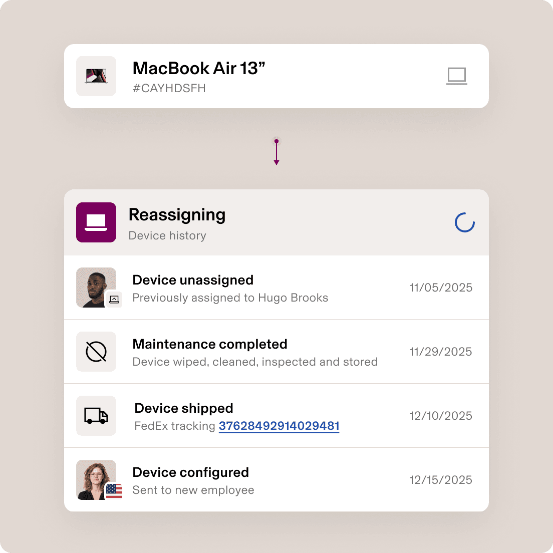 Workflow-Oberfläche, die die Automatisierung von Geräte-Upgrades zeigt, bei der Mitarbeiter per E-Mail informiert und die IT benachrichtigt wird, wenn Geräte älter als drei Jahre sind.