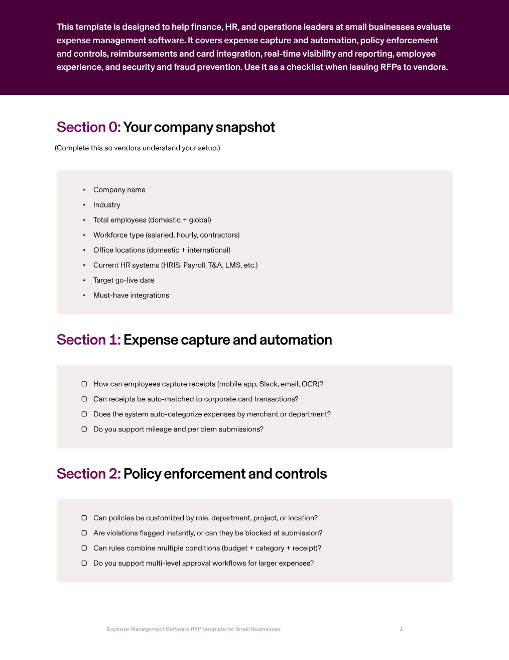 Expense management software RFP tempalte for small businesses