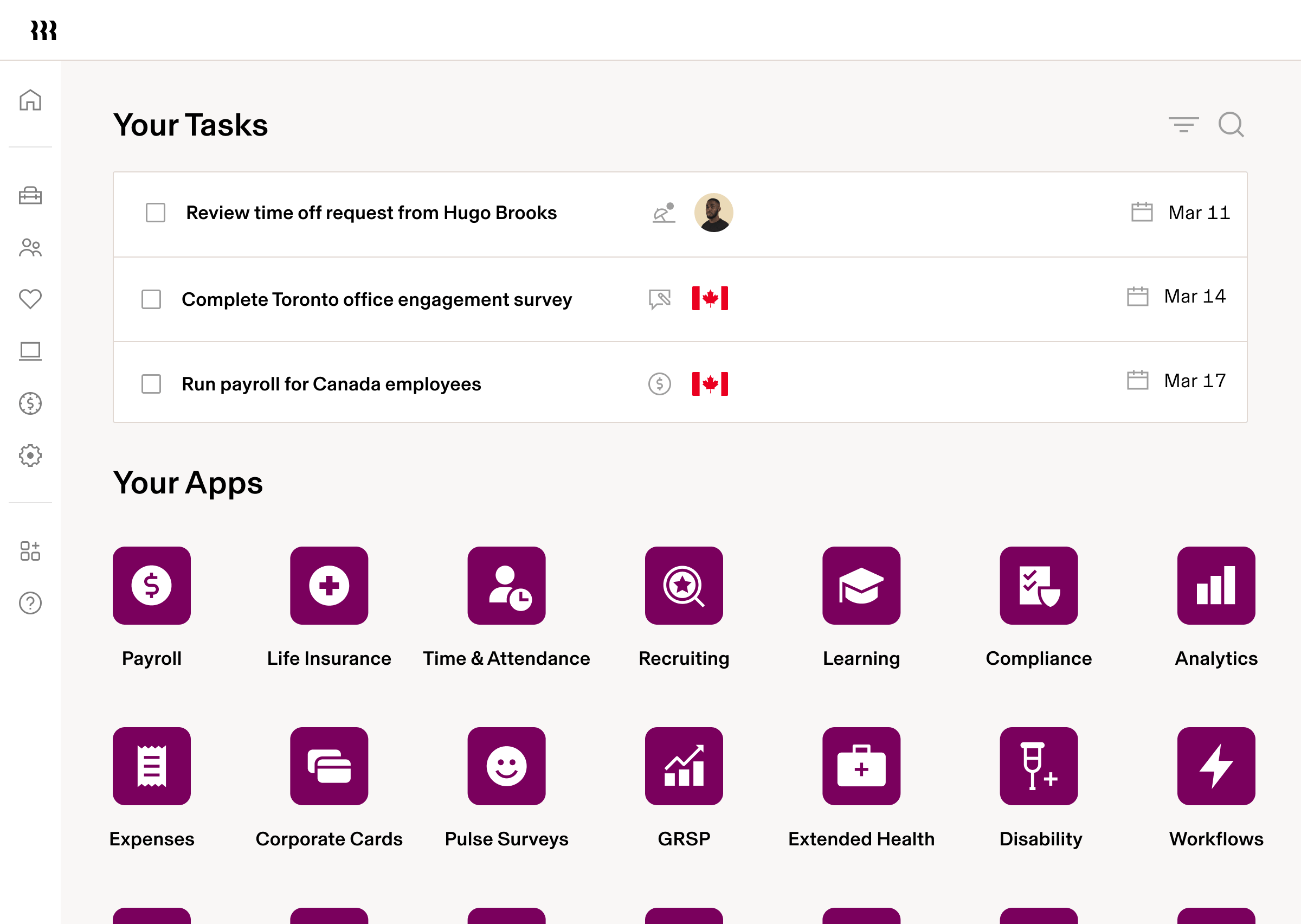 Screenshot of the tasks and apps dashboard in Rippling on a tablet