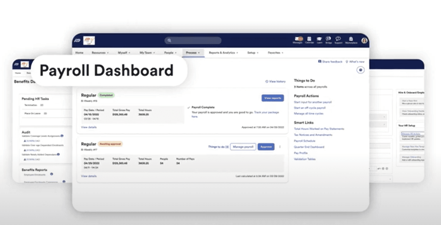Payroll dashboard interface showing completed and pending payroll information with action items and payment details.