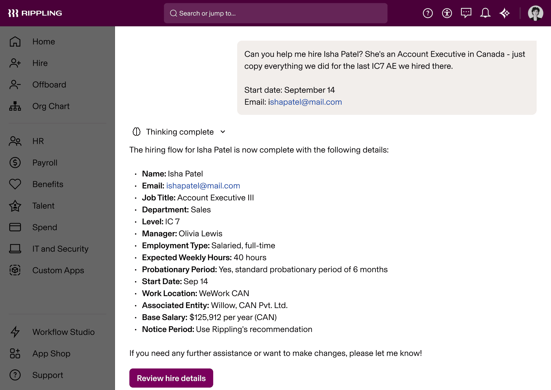Rippling AI screenshot showing completed hiring details for Isha Patel as Account Executive in UK with salary and start date information