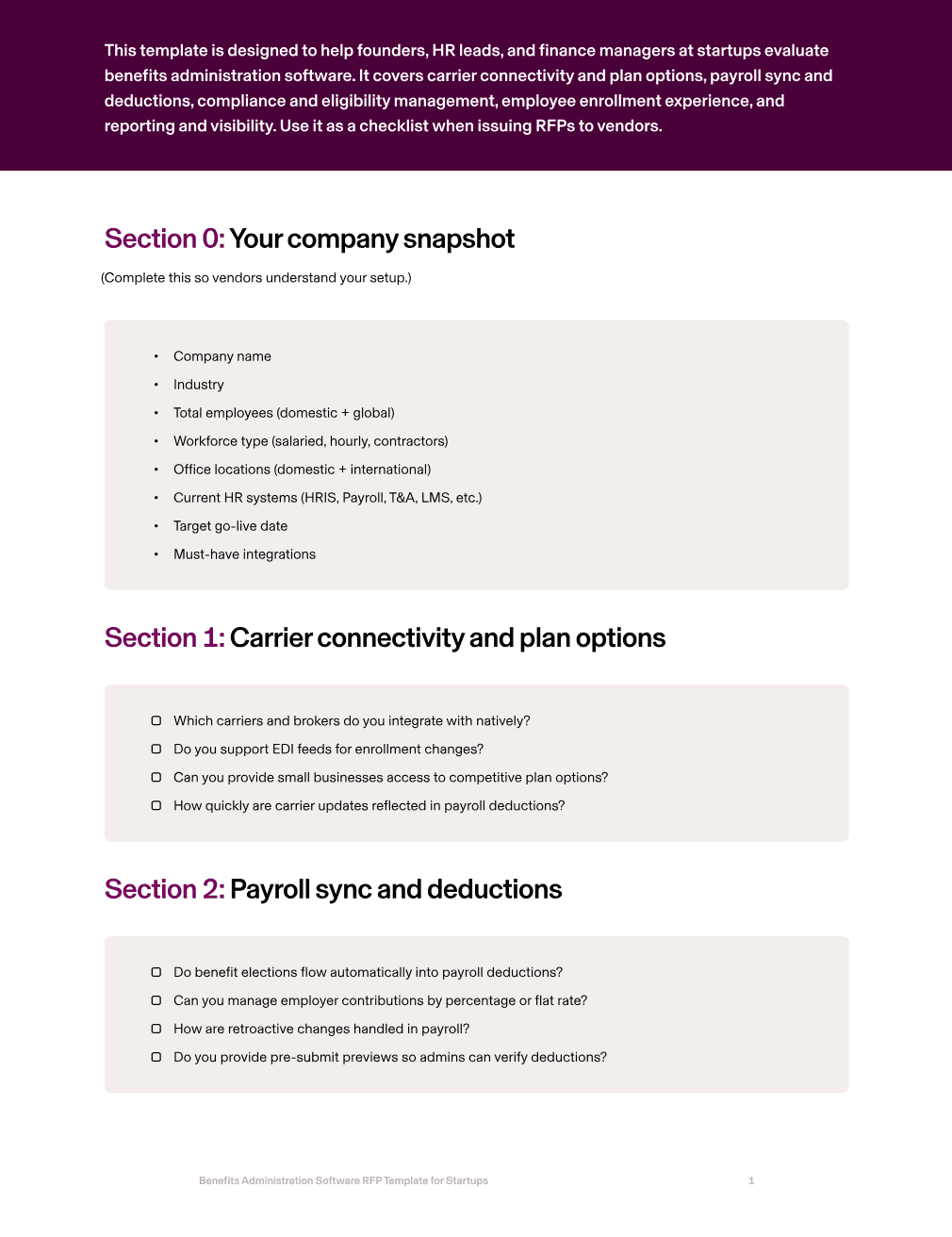 Benefits Administration Software RFP for Startups