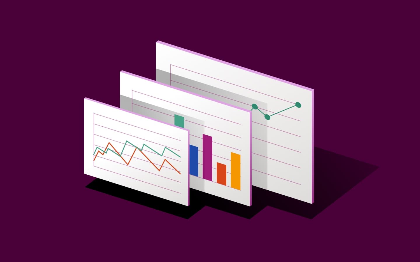 Graphic illustration of an icon representing three employees overlapping a bar chart, line chart, and pie chart