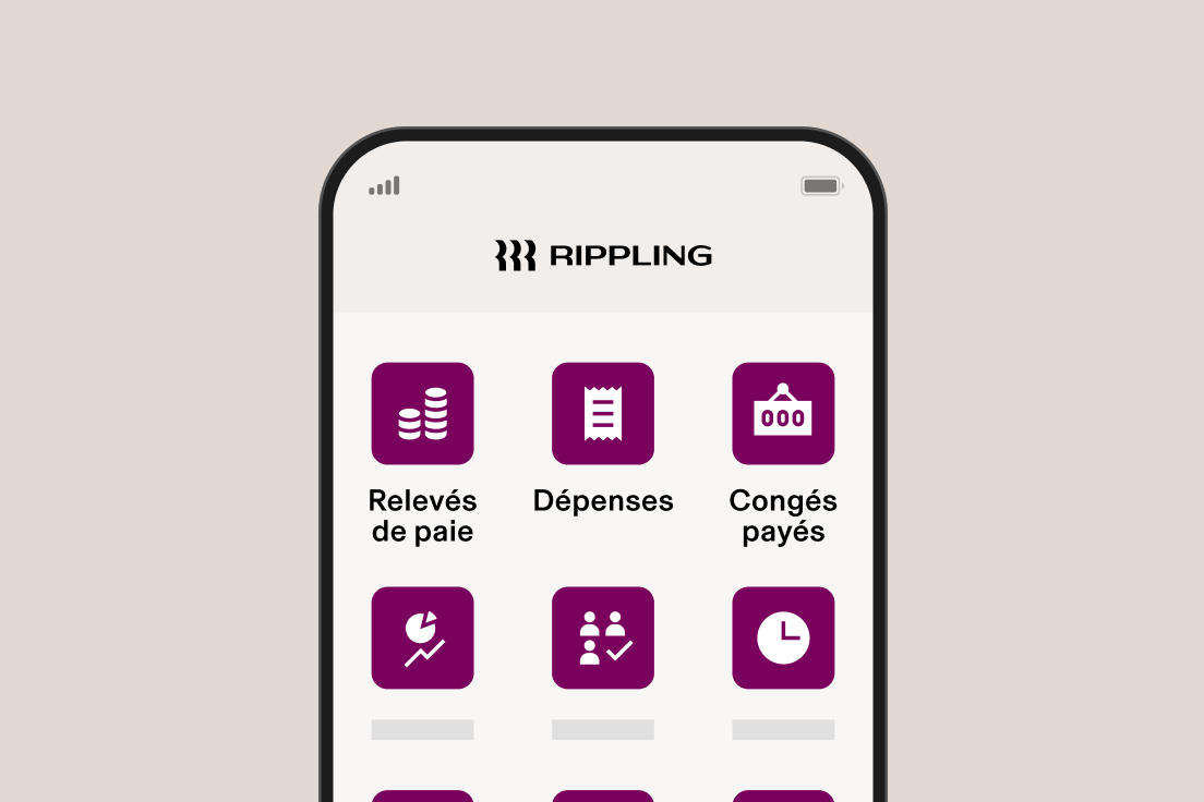 Téléphone intelligent affichant l’interface de l’application Rippling RH avec des icônes violettes pour la paie, les dépenses, les congés payés et d’autres fonctions commerciales.