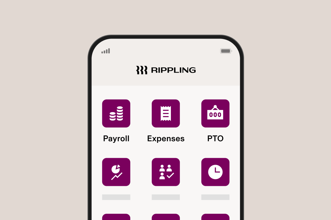 Smartphone mit der Benutzeroberfläche der Rippling HR-App mit lila Symbolen für Payroll, Ausgaben, bezahlte Abwesenheit und andere Geschäftsfunktionen.