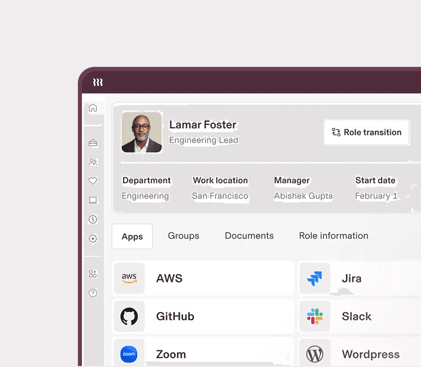 A screenshot of an employee profile in Rippling for an employee named Lamar Foster with the "Apps" tab highlighted and showing the apps that Lamar can access