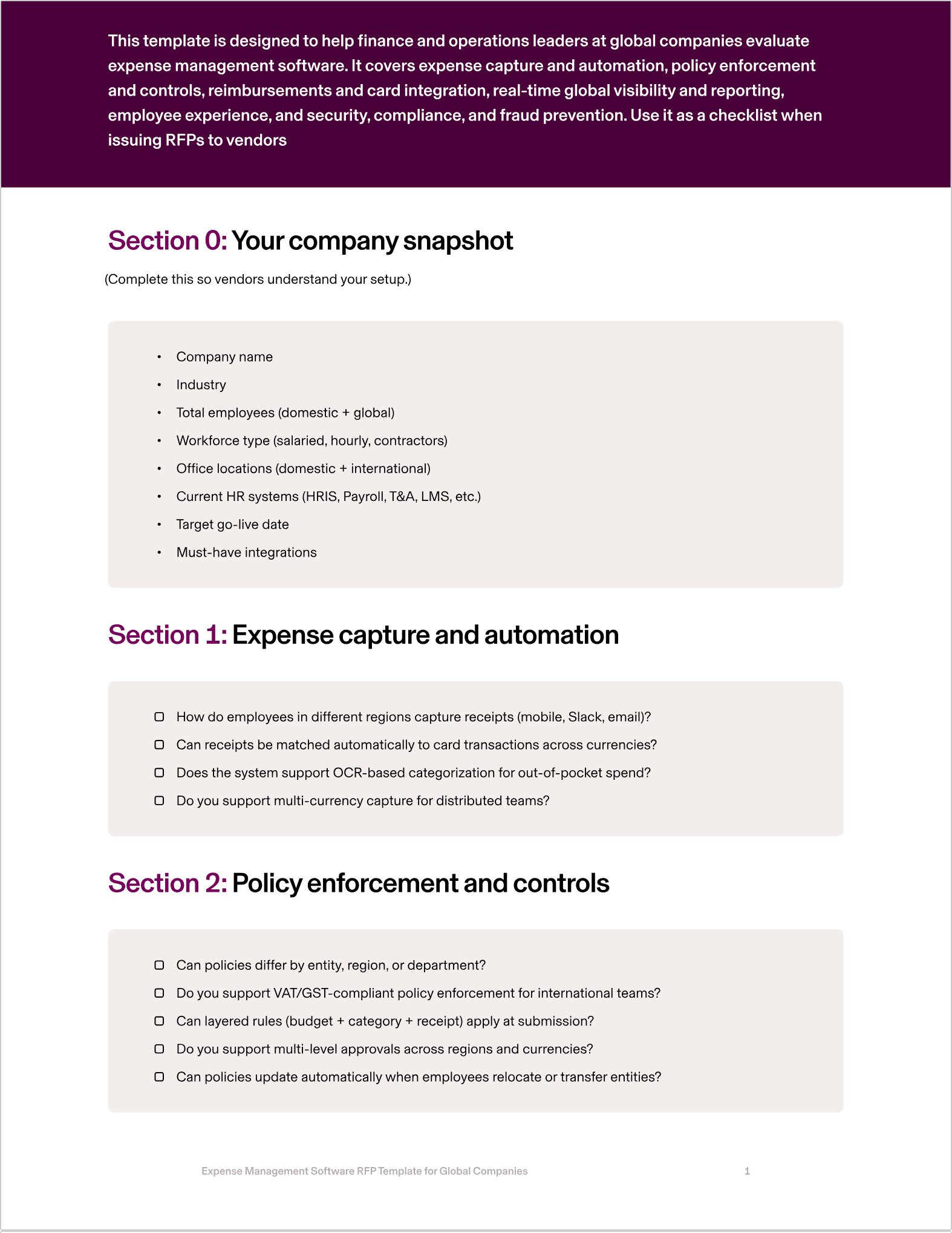 Preview of Rippling's Expense Management Software RFP Template for Global Companies.