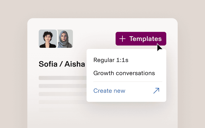 Image depicting a cursor clicking on a button labeled "Templates" in Rippling and a menu with three options: "Regular 1:1s," "Growth conversations," and "Create new"