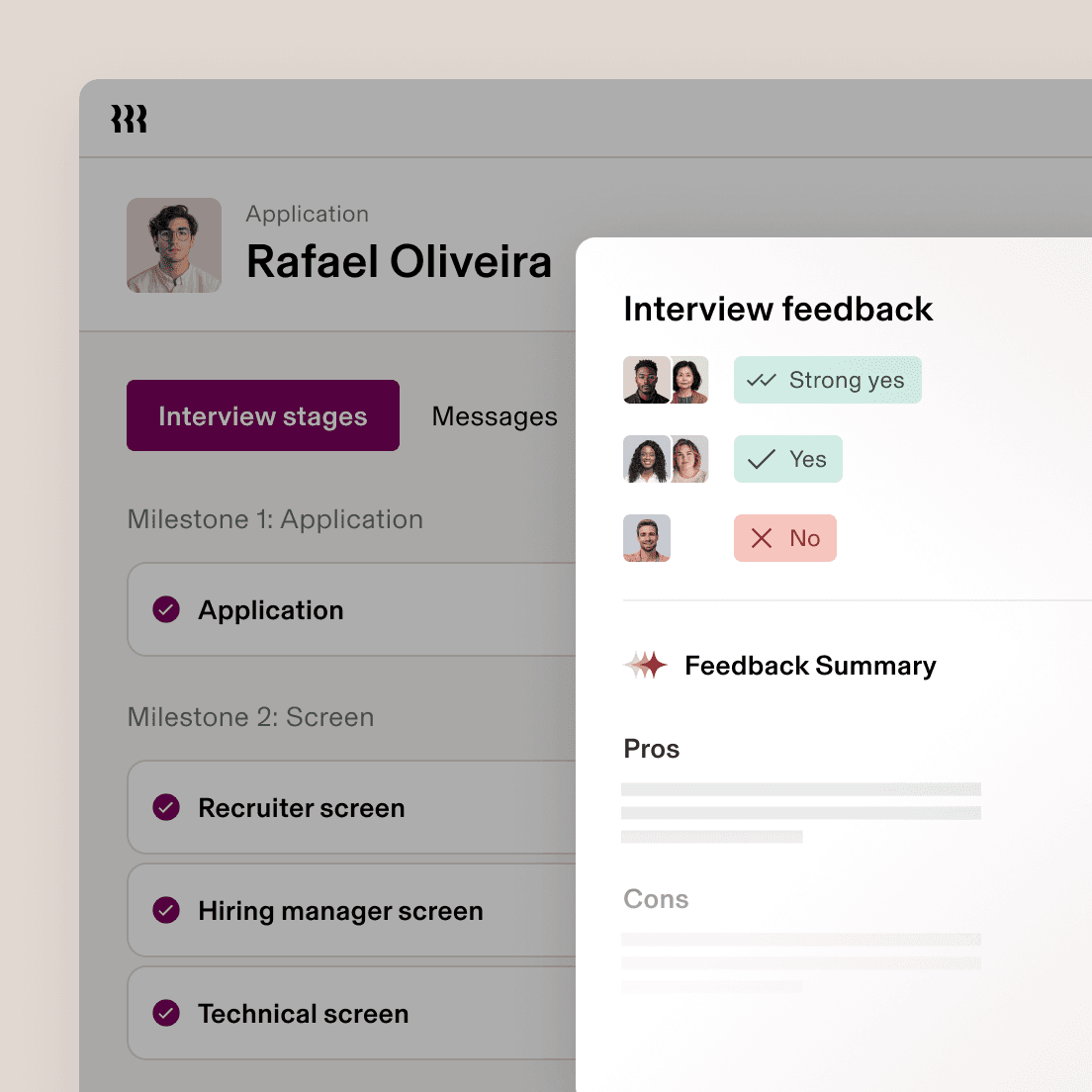 Job application interface showing interview stages; feedback from reviewers with “Strong yes” and “Yes” votes, and one “No” vote.