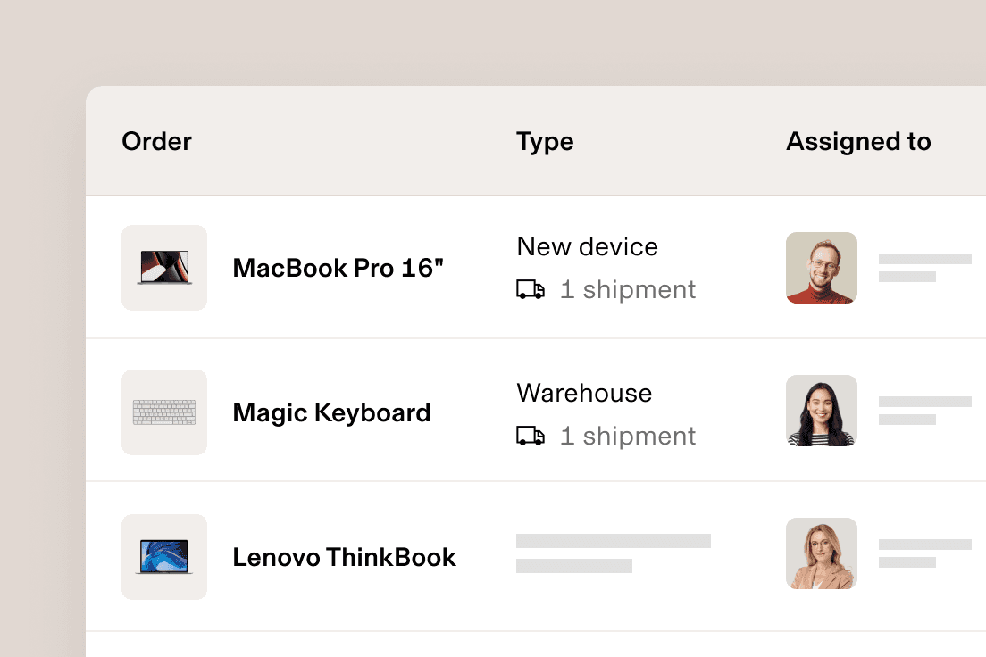 Benutzeroberfläche zum Bestellmanagement, die Sendungsinformationen zum MacBook Pro 16" und der magischen Tastatur und die zuständigen Mitarbeiter zeigt.