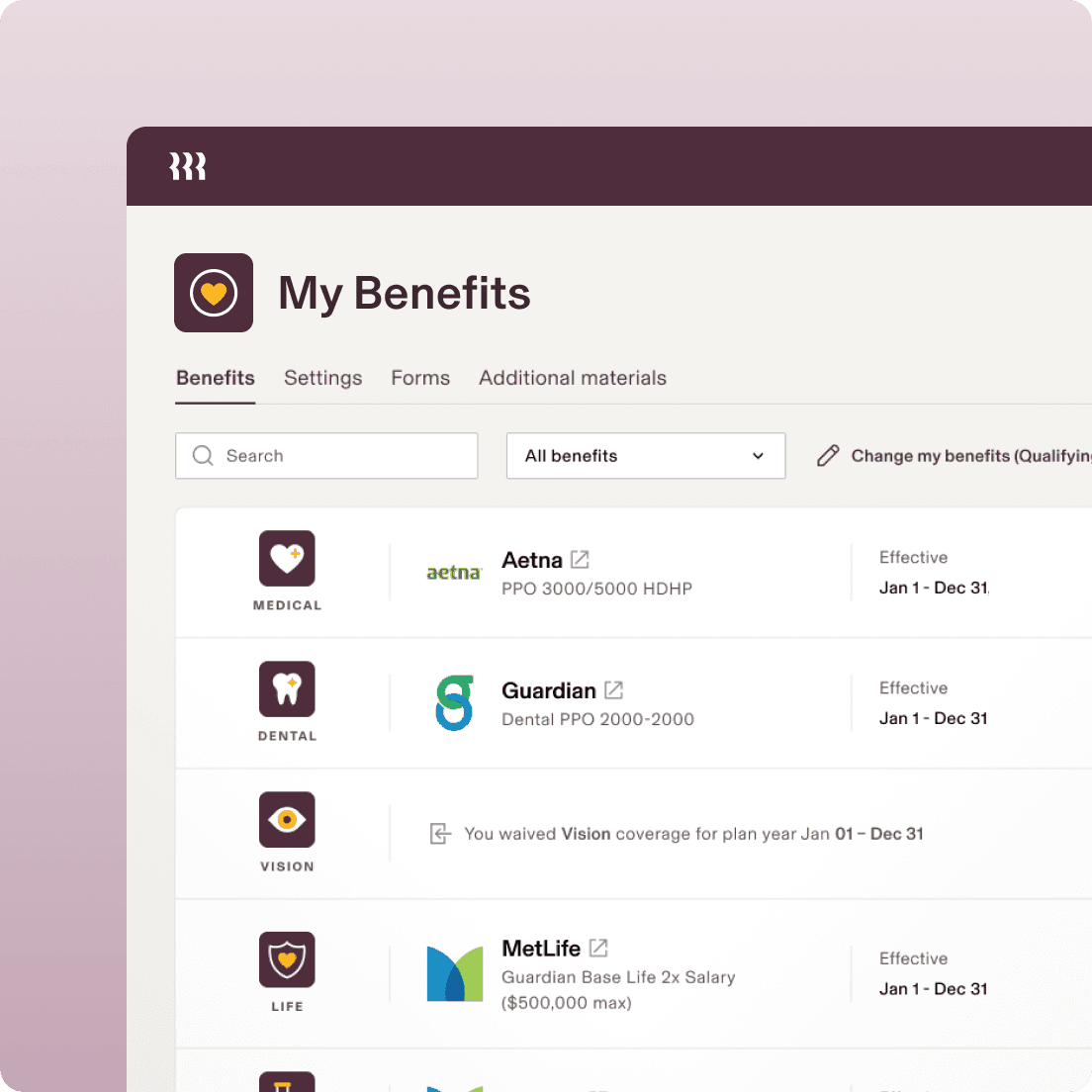 Screenshot of My Benefits page in Rippling