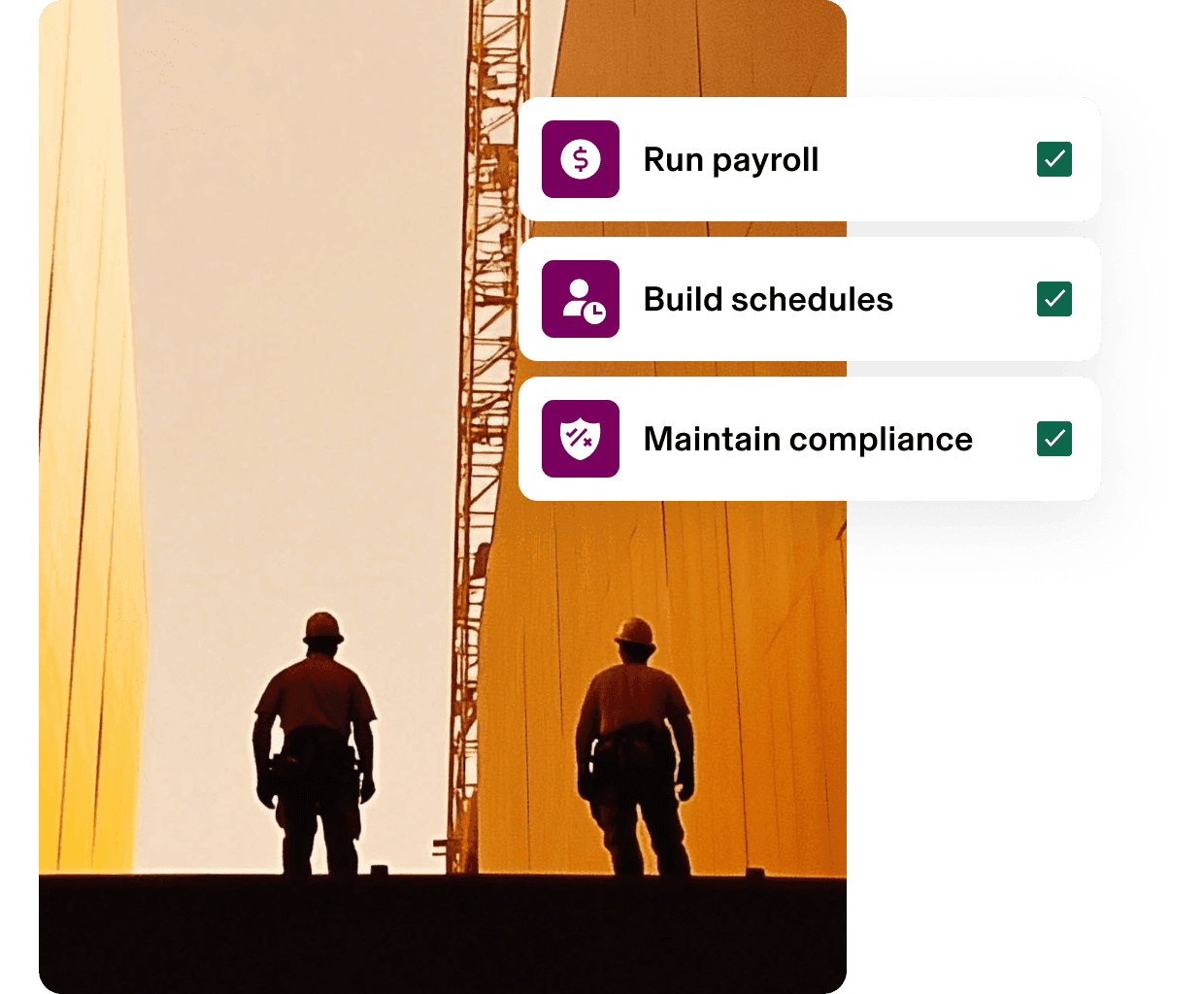 Photo d’ouvriers du bâtiment, à laquelle se superpose l’interface utilisateur montrant les étapes de gestion des effectifs : gestion de la paie, création des emplois du temps, et préservation de la conformité.