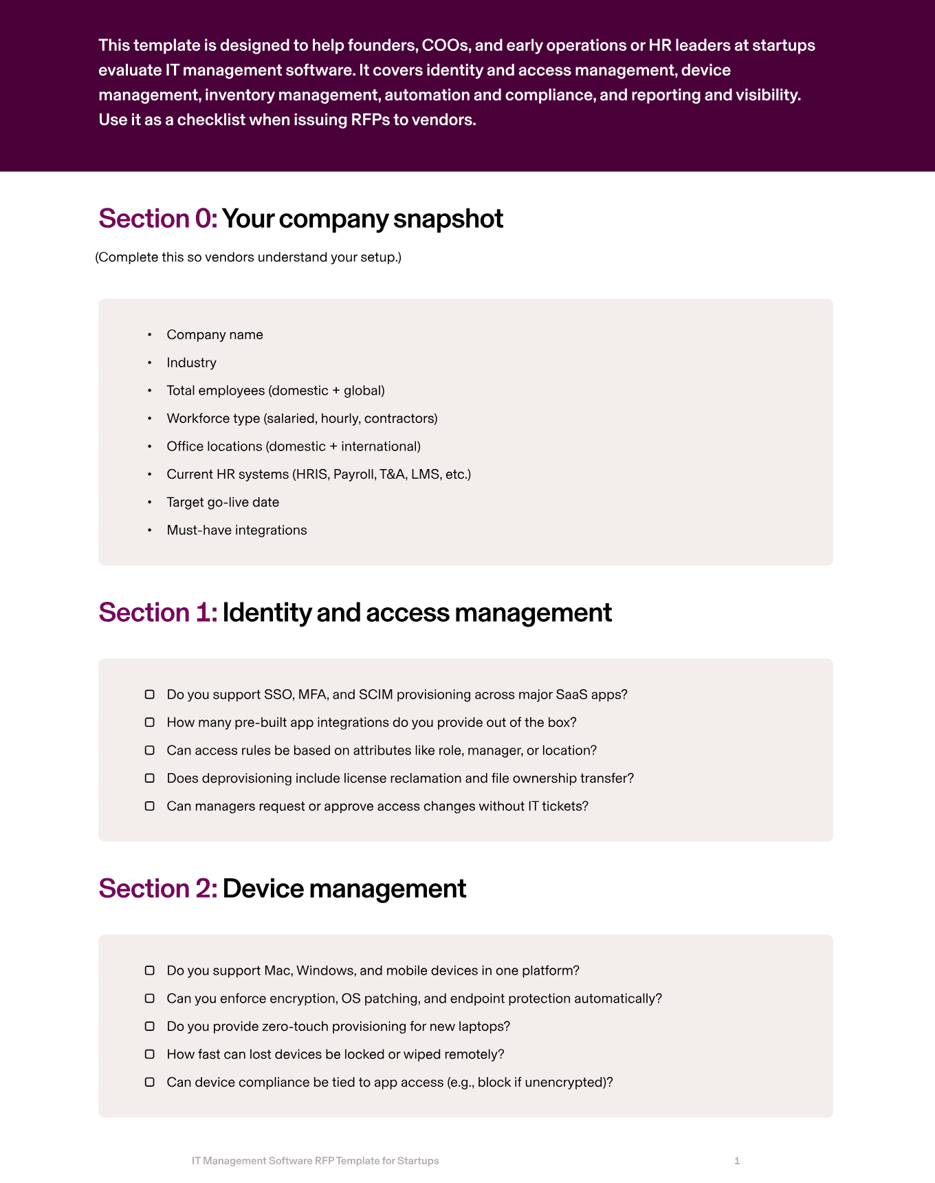 Preview of Rippling's IT Management Software RFP Template for Startups