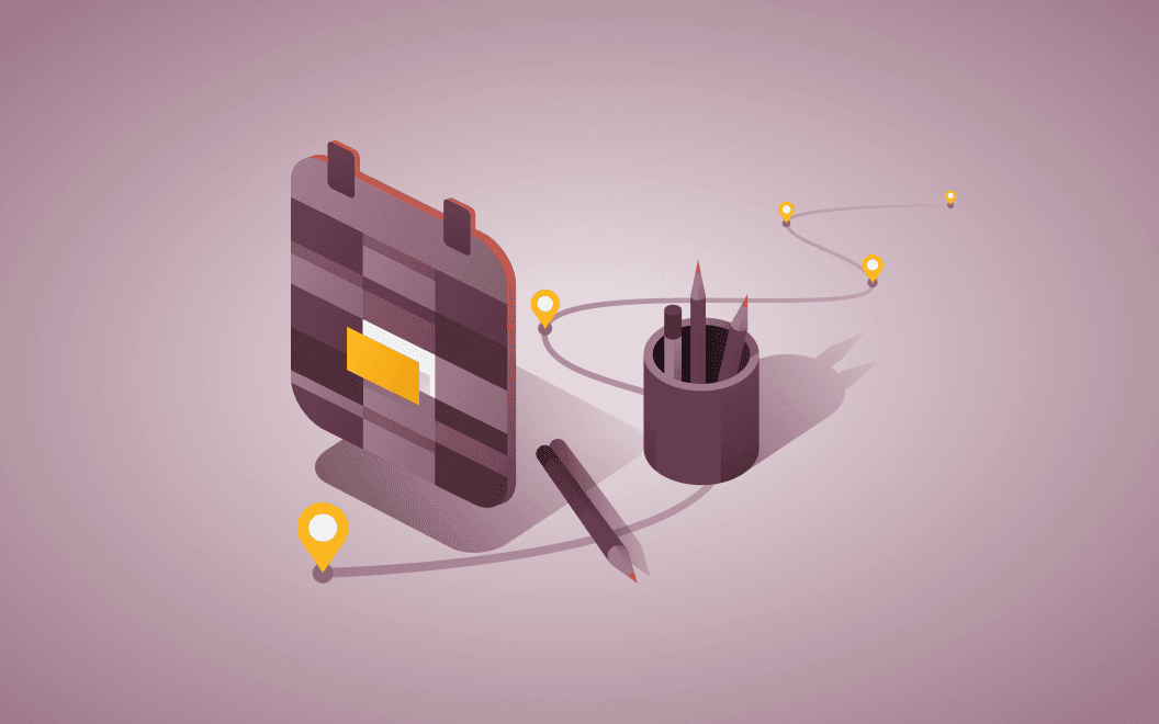 Graphic illustration of a calendar and a cup of pencils hovering above the line of a roadmap