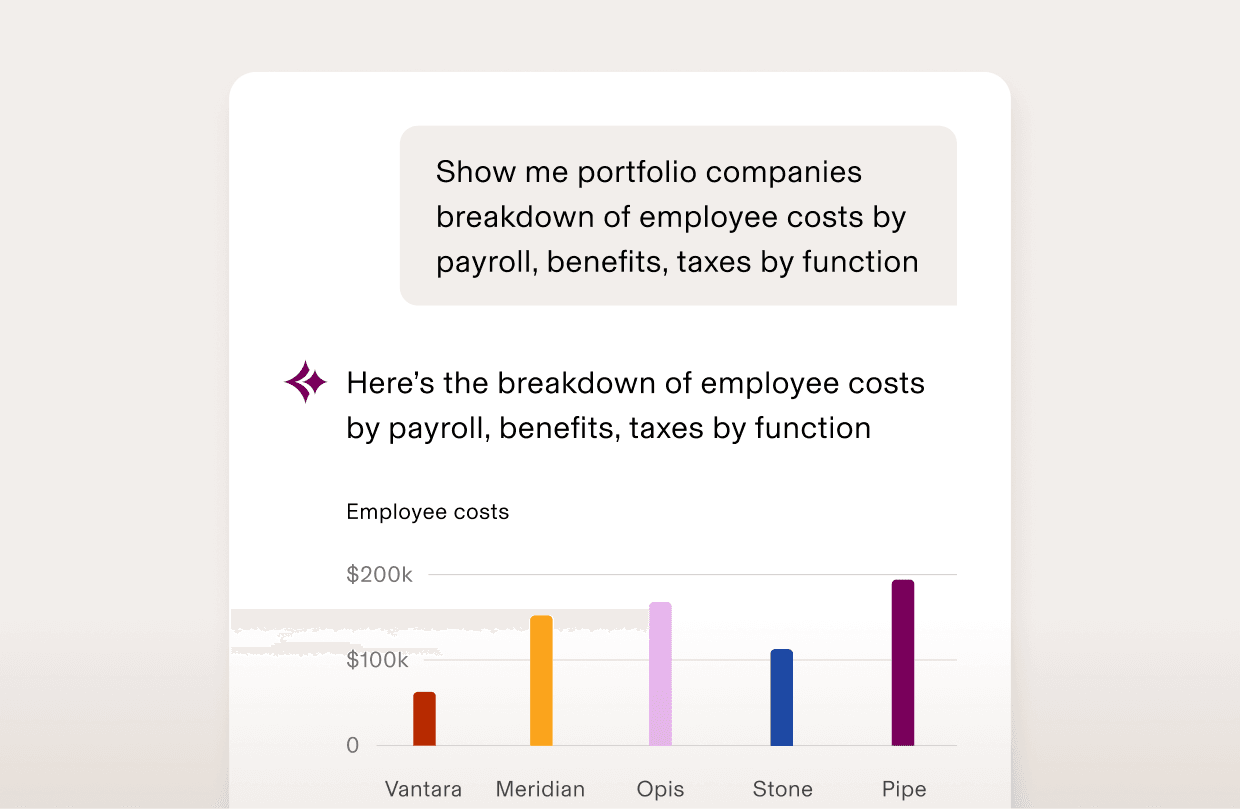 Bar chart showing employee costs breakdown across five companies: Vantara, Meridian, Opis, Stone, and Pipe, with values up to $200k.