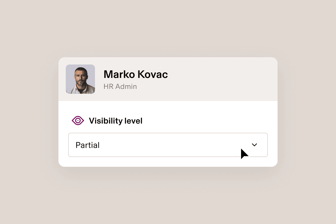 HR Admin profile card showing visibility level dropdown menu set to “Partial” with an eye icon indicator.