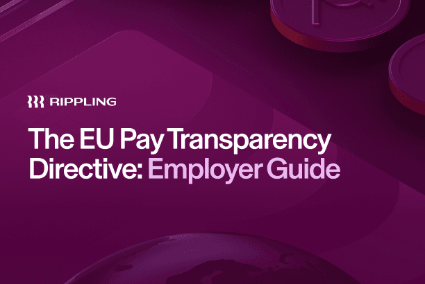 Purple banner with Rippling logo and "The EU Pay Transparency Directive: Employer Guide" title text.
