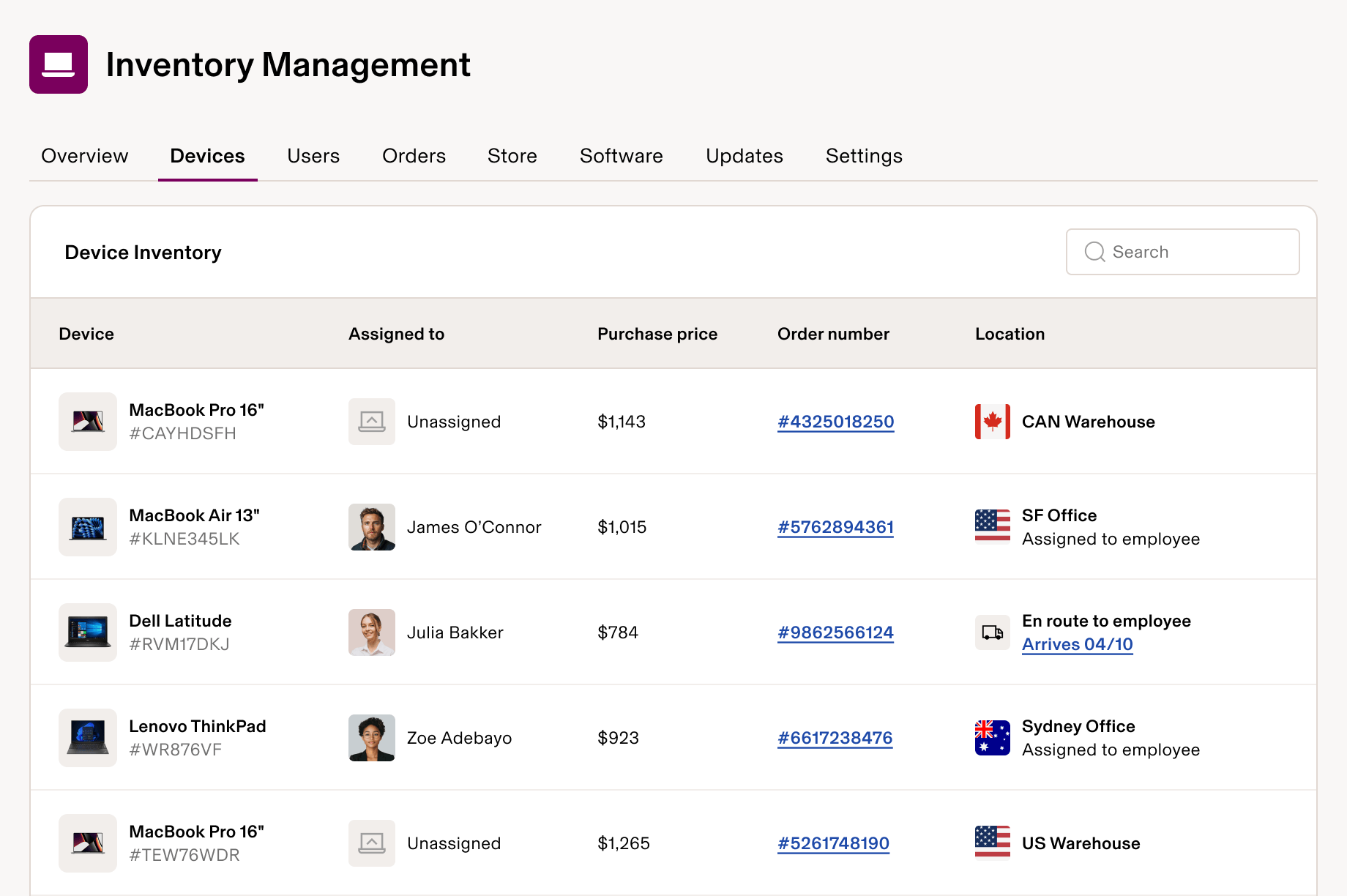 Inventory management interface showing device tracking with laptops assigned to employees across different office locations and warehouses.