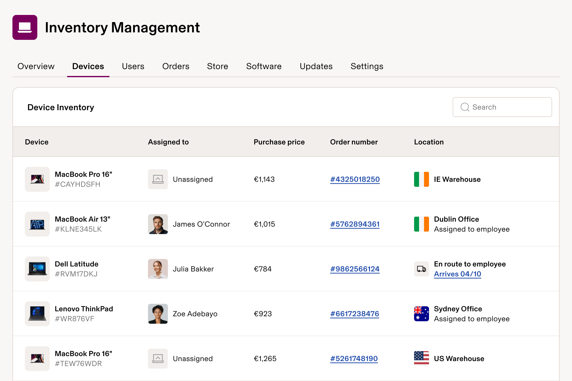 Inventory management interface showing device tracking with laptops assigned to employees across different office locations and warehouses.